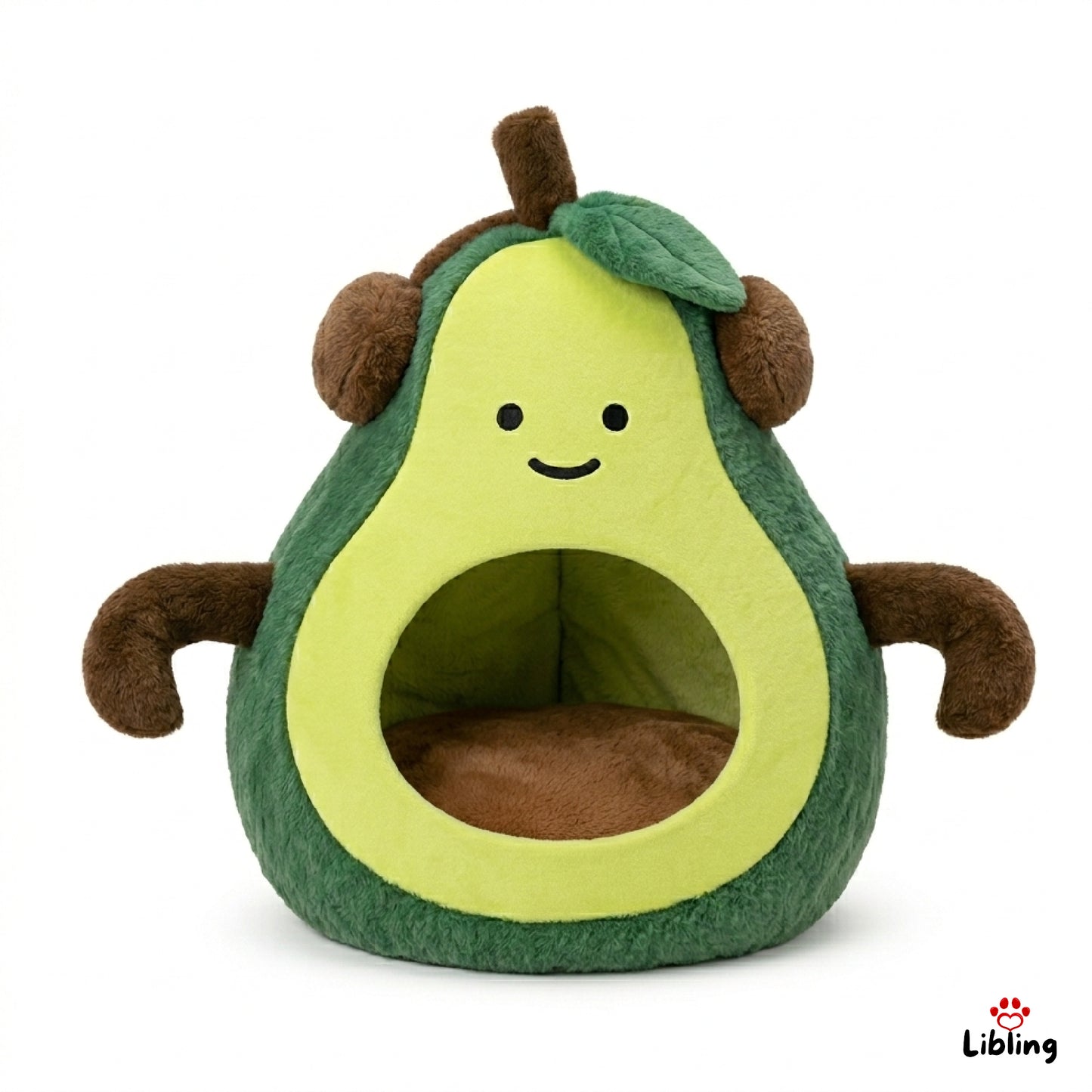 Eine süße, grüne Tierhöhle in Avocado-Design. Ein weiches kissen befindet sich im Inneren. Perfekt für Katzen und leintiere.