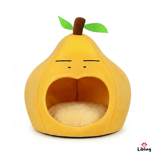Eine Tierhöhle in Birnen-Optik. Ein weiches kissen befindet sich im Inneren. Gut geeignet für Katzen, Hunde und andere Kleintiere.