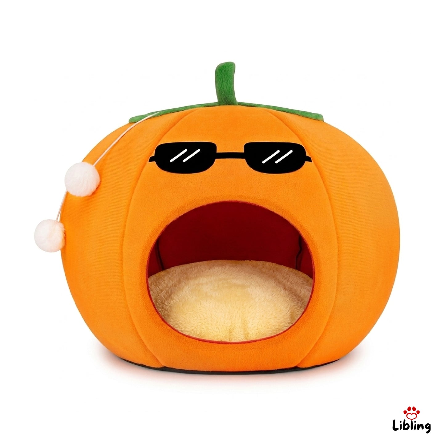 Eine orangene Tierhöhle in Kürbis-Optik. Ein weiches kissen befindet sich im Inneren. Sie eignet sich gut für Katzenoder kleine Hunde.