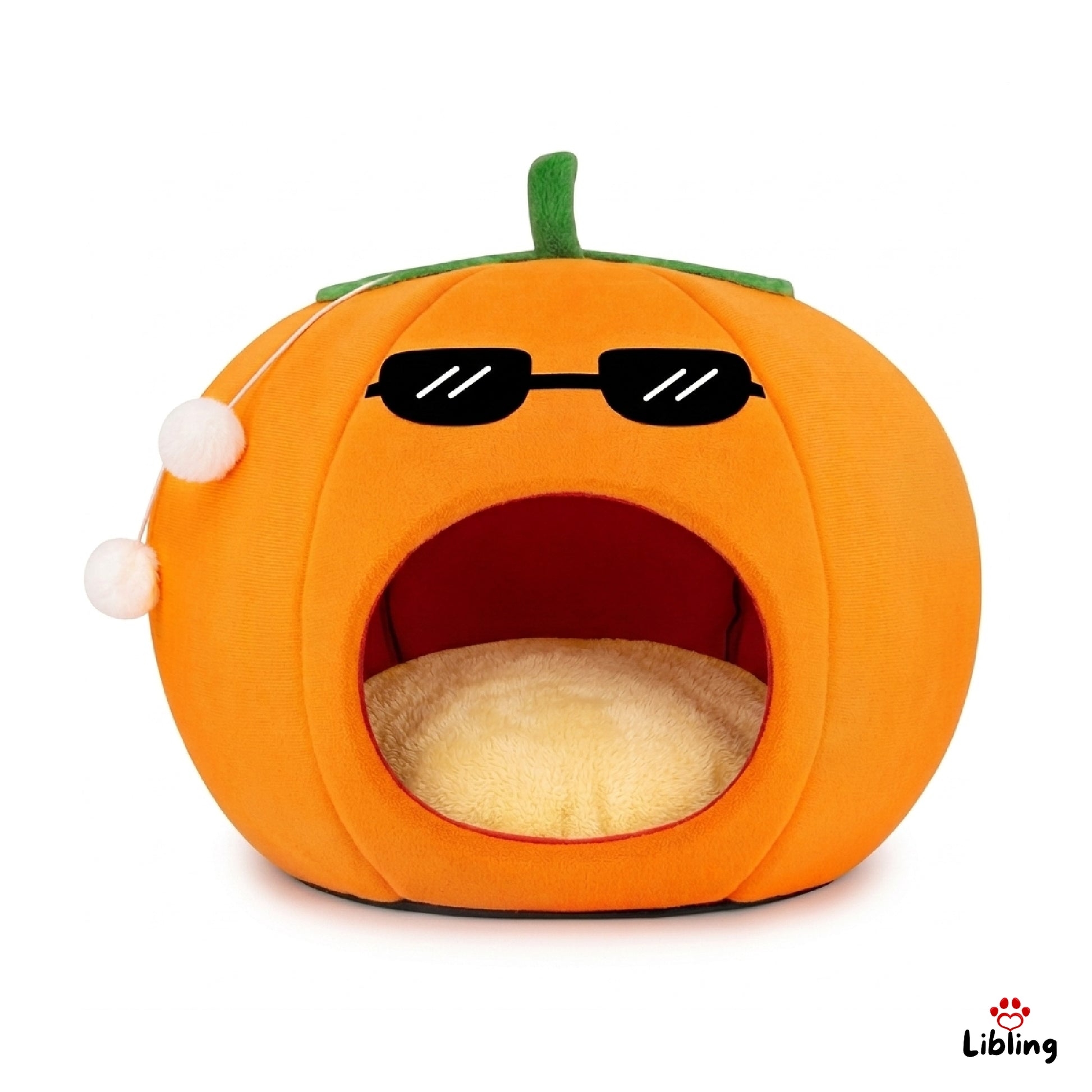 Eine orangene Tierhöhle in Kürbis-Optik. Ein weiches kissen befindet sich im Inneren. Sie eignet sich gut für Katzenoder kleine Hunde.